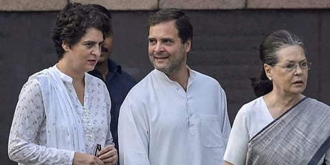 Congress leaders (from right) Sonia Gandhi, Rahul Gandhi and Priyanka Gandhi Vadra (Photo | PTI)