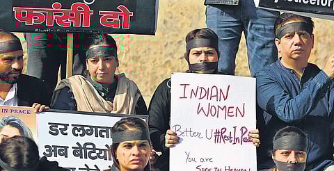 NSUI members protest against the rape and murder of a Hyderabad veterinarian, in New Delhi on Monday | Arun Kumar