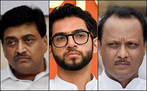 Former Maharashtra CM Ashok Chavan (left), Aaditya Thackeray (centre) and Ajit Pawar (right) (Photos | PTI)