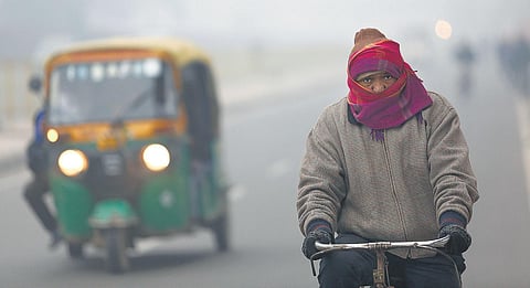 A man rides a bicycle on a road blanketed by dense fog in New Delhi on Saturday. (Photo | Arun Kumar, EPS)