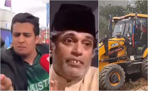 Pakistani actor Momin Saqib (L), Moin Akhtar (C)  and JCB construction vehicle which became viral meme trends in 2019. (Photo | Youtube)