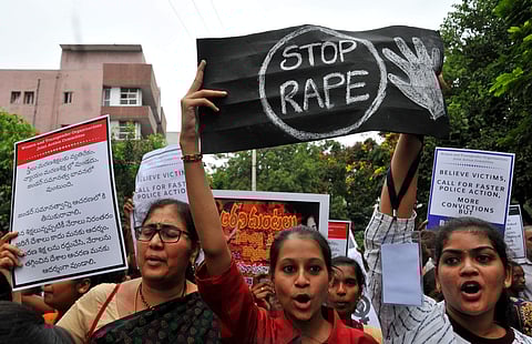 Students staged a protest at SVK in Hyderabad on Sunday to draw attention towards justice for Veterinary doctor's rape and Murder. (Photo | S Senbagapandiyan/EPS)