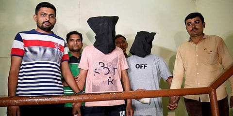 Sheikh Ashfaq Hussain and Pathan Moinuddin Ahmed who were arrested from Gujarat-Rajasthan border near Shamlaji in connection with the murder of Hindu Samaj Party founder Kamlesh Tiwari in Ahmedabad. (Photo | PTI)