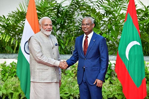 Prime Minister Narendra Modi (L) shakes hands with President of Maldives Ibrahim Mohamed Solih during his one-day visit to Maldives in Male. (Photo | AFP)