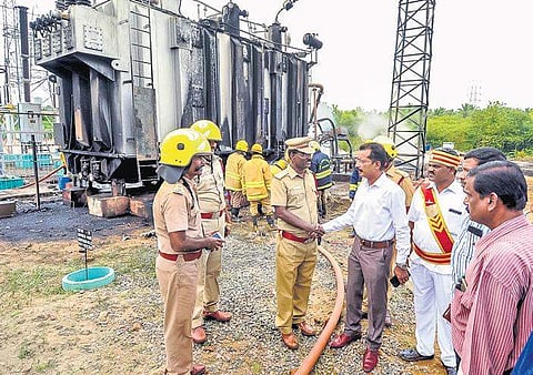 One of the three 100 MA auto-transformers that was damaged in the fire. Collector Anbalagan appreciating fire personnel for quick response | Express