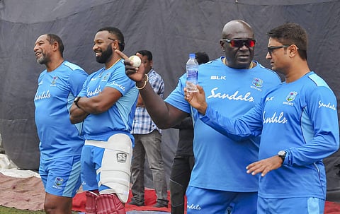 West Indies' players during a training session ahead of their first T-20 cricket match against India. (Photo | PTI)