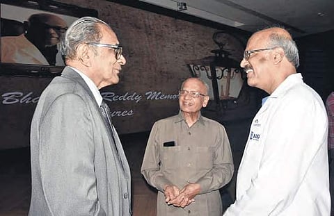 AIG Hospitals chairman Dr Nageshwar Reddy interacting with  Prof MS Valiathan and Prof VI Mathan during the Dr D Bhaskara Reddy Memorial Lecture, in Hyderabad on Tuesday | Vinay Madapu