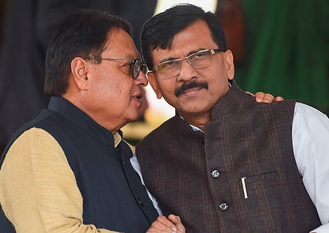 Shiv Sena MP Sanjay Raut (R) with former Rajya Sabha MP Vijay Darda during the ongoing Winter Session at Parliament in New Delhi Wednesday Dec. 4 2019. (Photo | PTI)