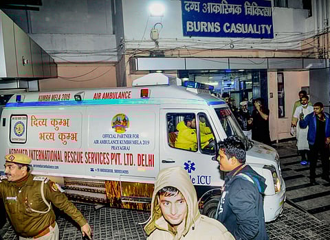An ambulance carrying the Unnao rape survivor who was set afire earlier today arrives at Safdarjung Hospital after the state government arranged an air ambulance from Lucknow in Delhi Thursday Dec. 5 2019. (Photo | PTI)