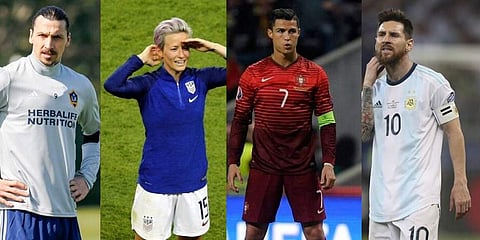 From Left: Zlatan Ibrahimovic, Megan Rapinoe, Cristiano Ronaldo and Lionel Messi (File Photos | AFP, AP)