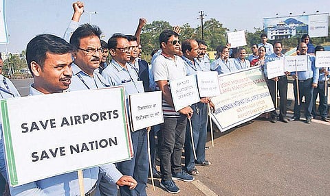 Members of Joint Forum of Unions and Association of AAI staging protest in Bhubaneswar on Thursday | Express