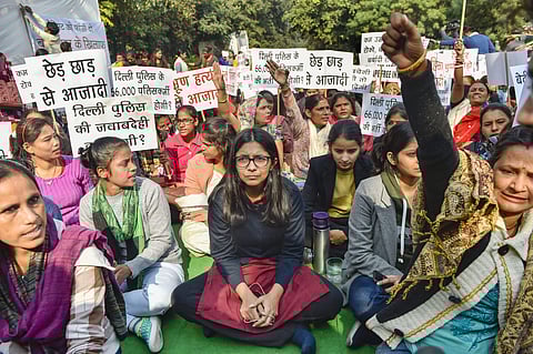 DCW chairperson Swati Maliwal sits on the second day of her hunger strike demanding for the rapists of Hyderabad rape-murder case to be hanged within six months of their conviction at Samta Sthal in New Delhi Wednesday Dec. 4 2019. (File Photo | PTI)