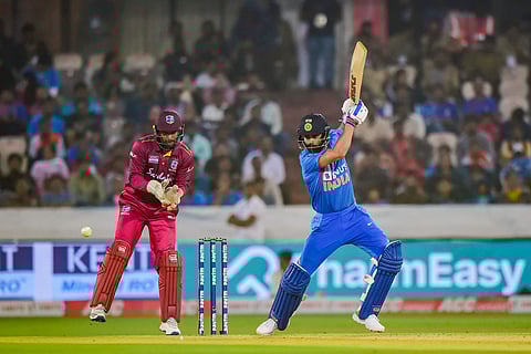 India's skipper Virat Kohli plays a shot during the first T20 cricket match against West Indies. (Photo | PTI)