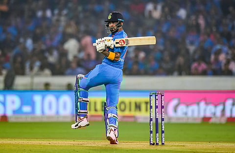 India's KL Rahul plays a shot during the first T20 cricket match against West Indies at Rajiv Gandhi International Stadium in Hyderabad. (Photo | PTI)