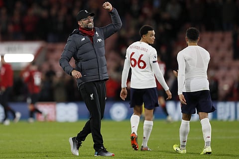 Liverpool's manager Jurgen Klopp celebrates at the end of the English Premier League soccer match between Bournemouth and Liverpool at the Vitality stadium in Bournemouth, England, Saturday, Dec. 7, 2019. (Photo | AP)