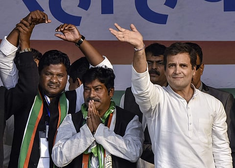 Congress MP Rahul Gandhi uring an election campaign rally in support of party candidates from Kanke Suresh Baitha and Khijri's Rajesh Kacchap for the third phase of Jharkhand Assembly elections in Ranchi Monday Dec. 9 2019. (Photo | PTI)