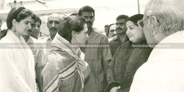 Then Tamil Nadu CM J Jayalalithaa meeting Sonia Gandhi and her daughter Priyanka. (File Photo | EPS)
