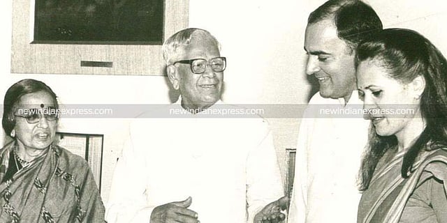 Former PM Rajiv Gandhi and his wife Sonia Gandhi with ex-Sri Lankan PM Premadesa. (File Photo | EPS)
