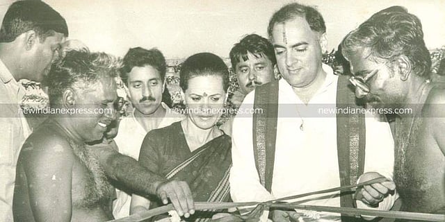 Former PM Rajiv Gandhi with Sonia Gandhi and Bangaru Adigalar. (File Photo | EPS)