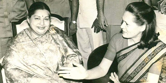 Then Tamil Nadu CM J Jayalalithaa with Sonia Gandhi. (File Photo | PTI)