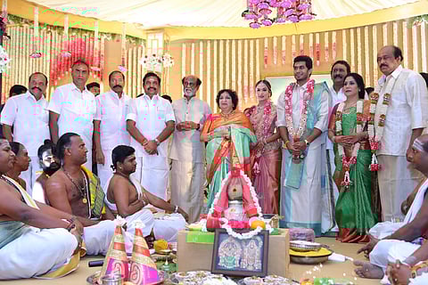 CM Edappadi Palaniswami along with other AIADMK leaders at the wedding ceremony of Soundarya Rajinkanth and Vishagan Vanangamudi. (Photo: By Special Arrangement)