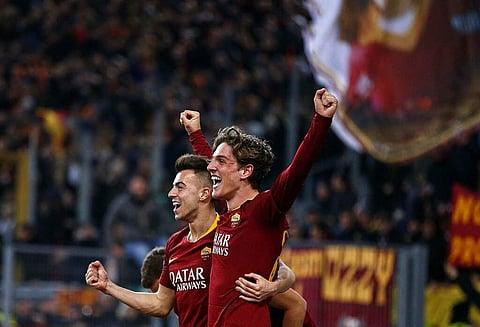 Roma's Nicolo Zaniolo celebrates his goal with teammates during the Champions League round of 16 first leg against Porto FC at the Olimpico Stadium | AP