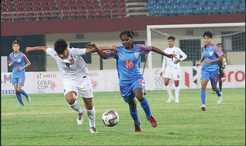 India women football team in action against Myanmar (Photo | Twitter/Indian Football Team)