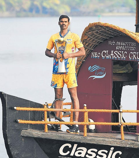 Chennai Spartans captain Shelton Moses with the Pro Volley League trophy on Thursday. His team will face Calicut Heroes in the final in Chennai on Friday
