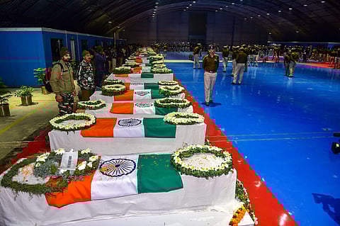Mortal remains of CRPF jawans who lost their lives in Thursday's Pulwama terror attack during a tribute paying ceremony at AFS Palam in New Delhi Friday Feb 15 2019. (Photo| PTI)