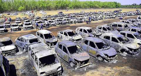 Almost 300 vehicles were gutted in a fire, which broke out at the Parking area number 5 of the Aero India venue at Yelahanka Air Force Station. No casualties have been reported so far. (Photo | Pandarinath B/ EPS)