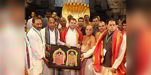 Congress president Rahul Gandhi poses for pictures during his visit to the Lord Venkateswara temple at Tirumala on Friday. (Photo| Express)