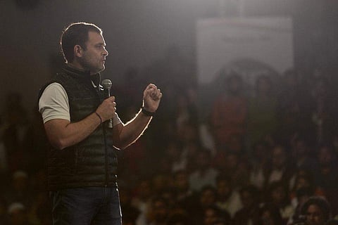 Rahul Gandhi at the conversation with students at Jawaharlal Nehru Indoor stadium. (Photo|EPS)