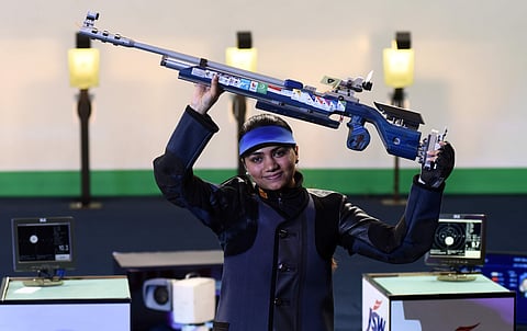 Apurvi Chandela after her world record in women’s 10m air rifle. (Parveen Negi | EPS)