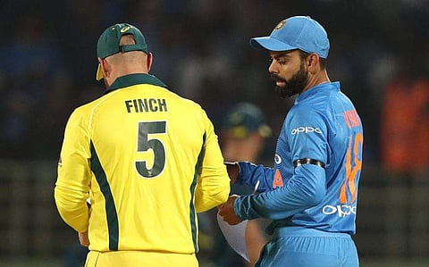 Australia captain Aaron Finch along with Virat Kohli at the toss (ICC Twitter)