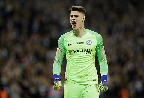 Chelsea goalkeeper Kepa Arrizabalaga reacts after stops a shot from Manchester City's Leroy Sane during a penalty shootout at the end of the English League Cup final soccer match between Chelsea and Manchester City at Wembley stadium in London. (Photo | A
