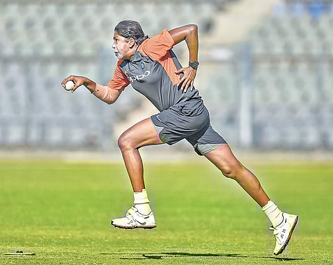 Jhulan Goswami bowls during a training session in Mumbai on Sunday | PTI