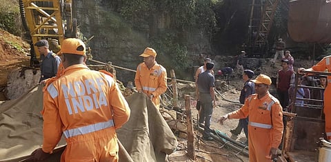 Rescuers work at the site of a coal mine that collapsed in Ksan, in Meghalaya. (File | AP)