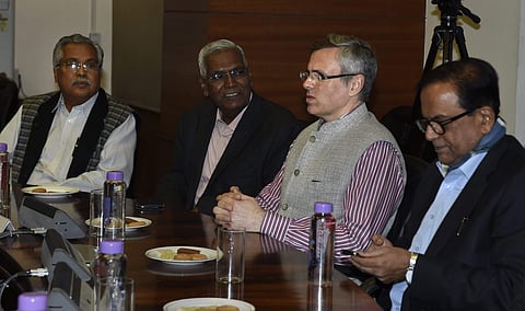 National Conference's Omar Abdullah BSP's SC Mishra CPI's D Raja and other leaders attend an all-party meeting convened by External Affairs Minister Sushma Swaraj to brief the leaders on IAF's pre-dawn strike on JeM camp at Jawahar Lal Bhawan in New Delhi