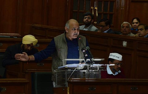 Deputy Chief Minister and Finance Minister of Delhi Manish Sisodia presenting the Annual Budget 2019-20 during the Budget session of Delhi Legislative assembly in New Delhi. (Photo | Naveen Kumar/ EPS)