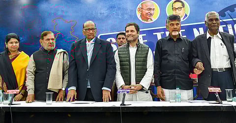 Congress President Rahul Gandhi with TDP chief N Chandrababu Naidu, NCP President Sharad Pawar, CPI's D Raja, Sharad Yadav, SP's Ram Gopal Yadav and DMK leader Kanimozhi at a press conference in New Delhi. (File | PTI)