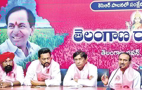 TRS Minister Eatela Rajender speaks during a press conference at Telagana Bhavan in Hyderabad on Tuesday | R Satish Babu