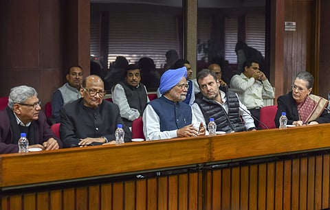 Former prime minister Manmohan Singh Congress president Rahul Gandhi senior leader Sonia Gandhi NCP chief Sharad Pawar and CPI M general secretary Sitaram Yechury during Opposition parties' meeting to discuss the Common Minimum Programme CMP and chalk out