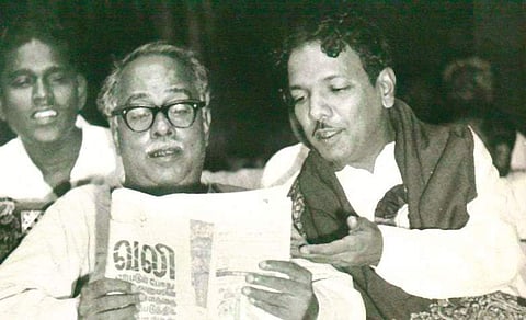 CN Annadurai  and  M Karunanidhi  were instrumental in bringing  the Dravida Munnetra Kazhagam into the forefront of electoral politics  in Tamil Nadu  | Express