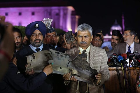 Indian Air Force officials show sections of an exploded Amraam missile said to be fired by Pakistan Air Force PAF F-16s at an IAF Army and Navy joint press conference in New Delhi Thursday Feb 28 2019. (Photo | Shekhar Yadav/ EPS)