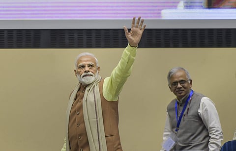 Prime Minister Narendra Modi waves as he leaves after addressing the CSIR's Shanti Swarup Bhatnagar Prize for Science and Technology 2016-2018 function in New Delhi (Photo | PTI)