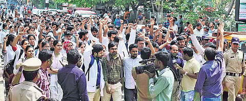 Junior doctors at Gandhi Hospital protesting physical assault of a junior doctor by patients’ kin on Wednesday |  Sathya Keerthi