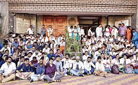 Junior doctors at Gandhi Hospital protest for third day in Hyderabad on Thursday. They called off the strike later in the evening. | Vinay Madapu