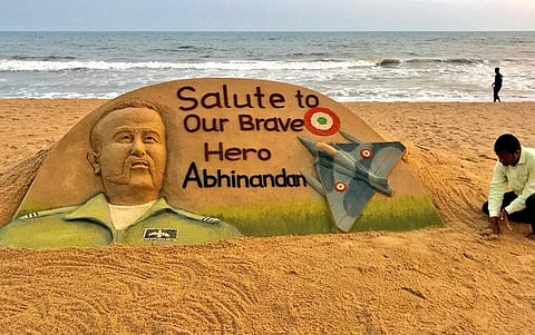 Sand art of Abhinandan Varthaman at Puri Beach by Sudarsan Pattnaik. (Photo | Twitter/@sudarsansand)