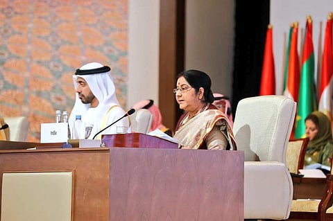 EAM Sushma Swaraj at the inaugural session of OIC meet. (Photo | Twitter @MEAIndia)