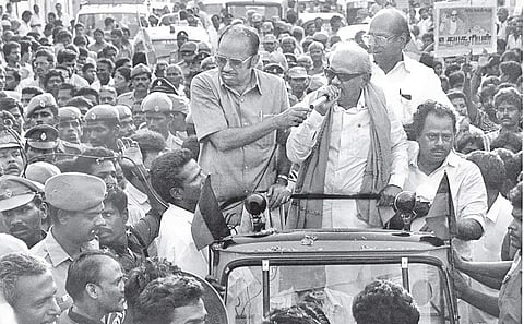 File photo of M Karunanidhi campaigning with Arcot N Veeraswamy (right) and Murasoli Maran (left) | Express